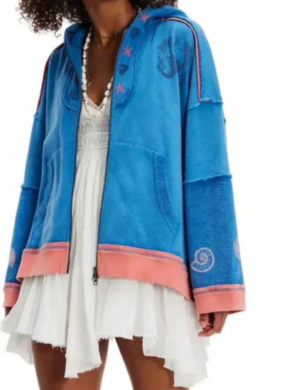 Free People We The Free Seashell Hooded Zip Jacket Kangaroo Pocket Blue XS